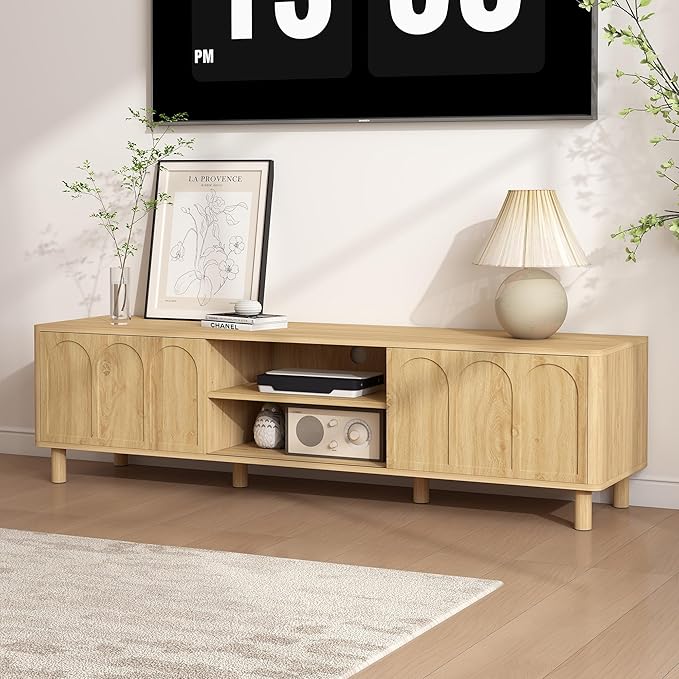TV Stand for TVs up to 70'', Entertainment Center with Large Storage for Living Room, Media Console with Sliding Doors and Adjustable Shelves, Modern TV Cabinet for Game Consoles and Decor(Natural)