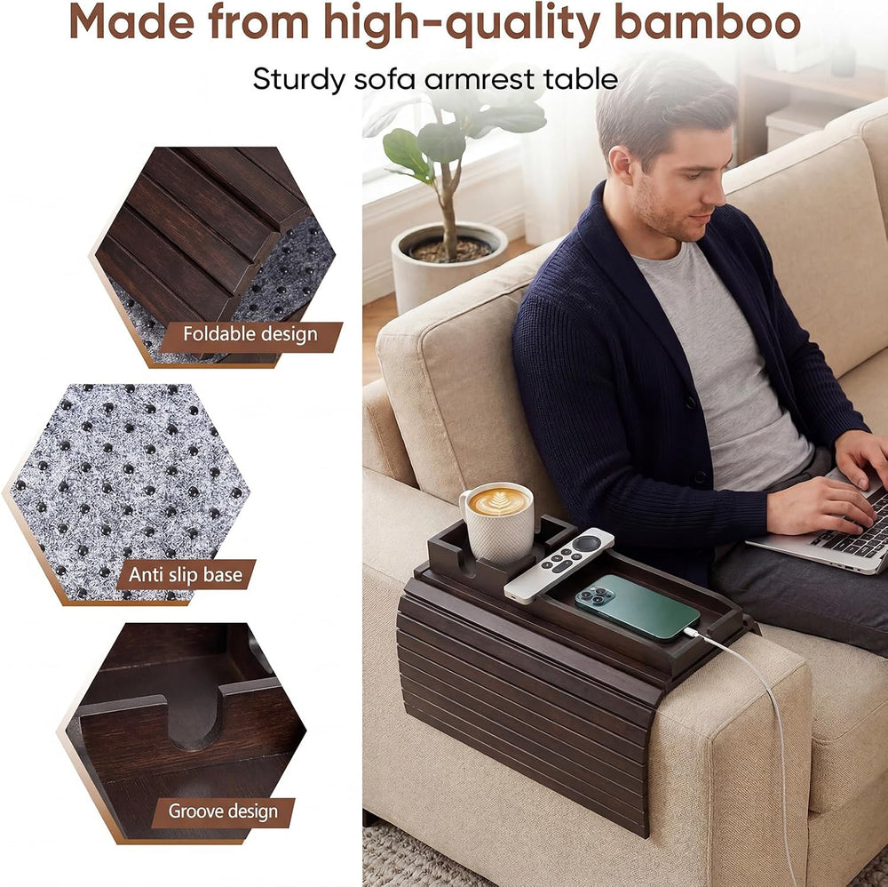 Bamboo Couch Arm Tray Table with Built-in Cup Holder, Foldable Anti-Slip Sofa...
