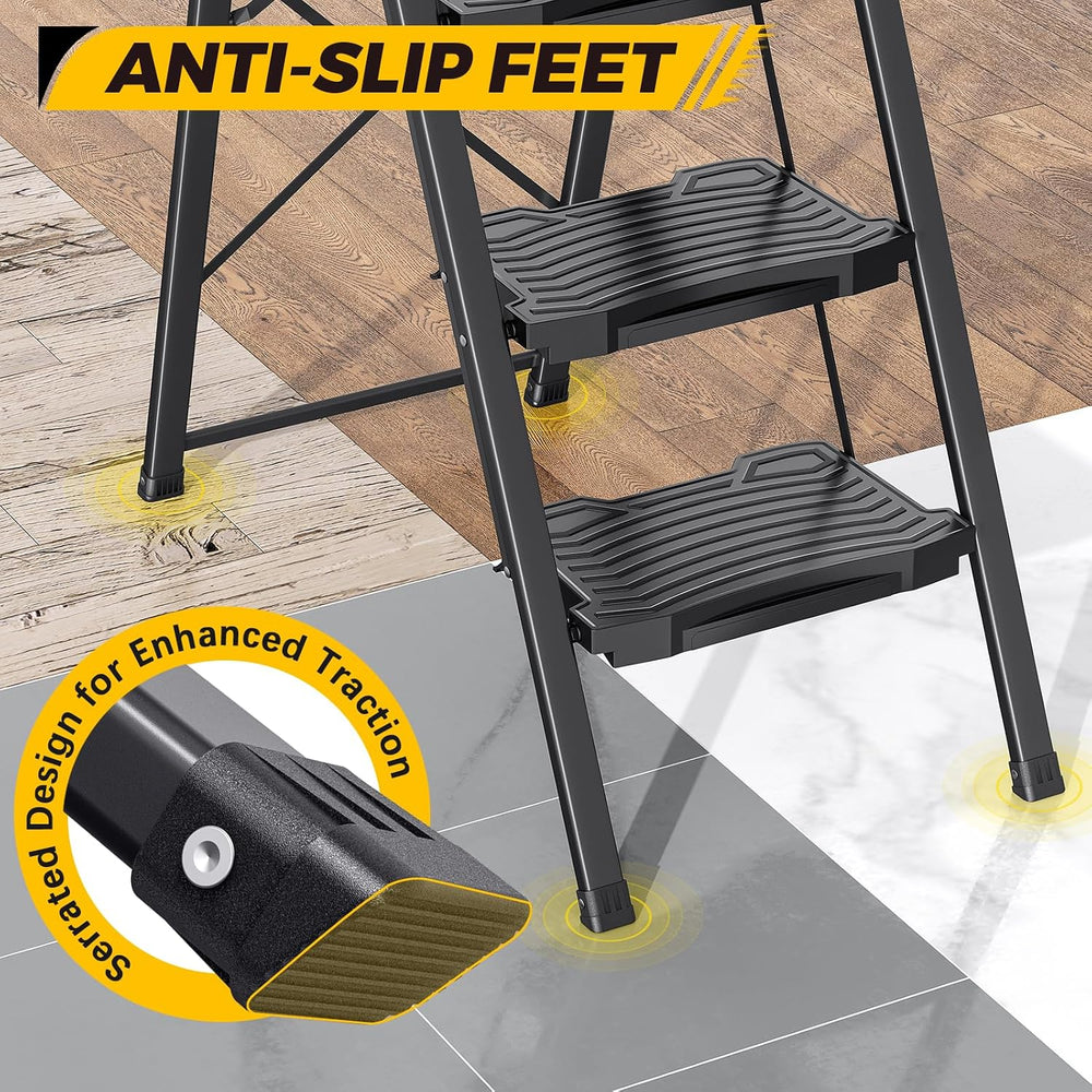 KINGRACK 3 Folding Step Ladder with Handrail, Steel Step Stool, Black