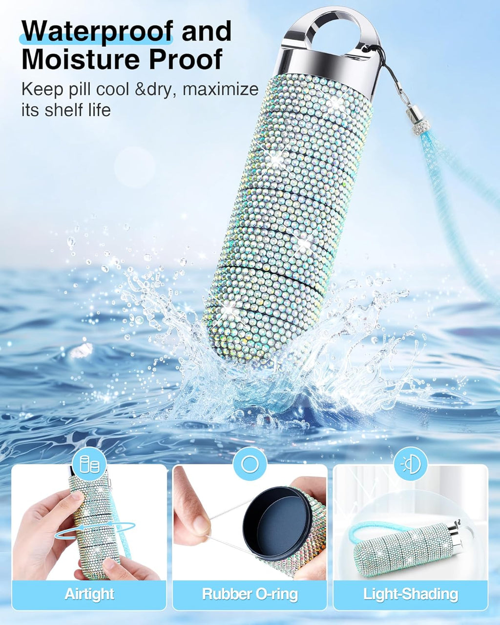 Zannaki Metal Bling Pill Organizer, Travel Waterproof Weekly Pill Box, Portable Large Aluminum Alloy Pill Case Container, BPA Free 7 Day Daily Medicine Organizer Holder for Vitamin,Fish Oil,Supplement