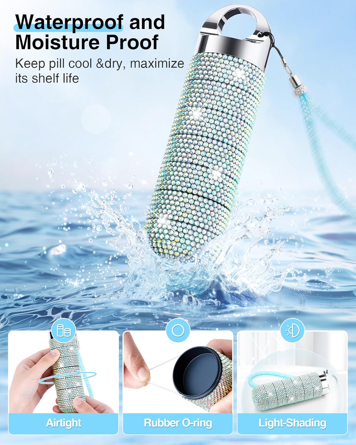 Zannaki Metal Bling Pill Organizer, Travel Waterproof Weekly Pill Box, Portable Large Aluminum Alloy Pill Case Container, BPA Free 7 Day Daily Medicine Organizer Holder for Vitamin,Fish Oil,Supplement