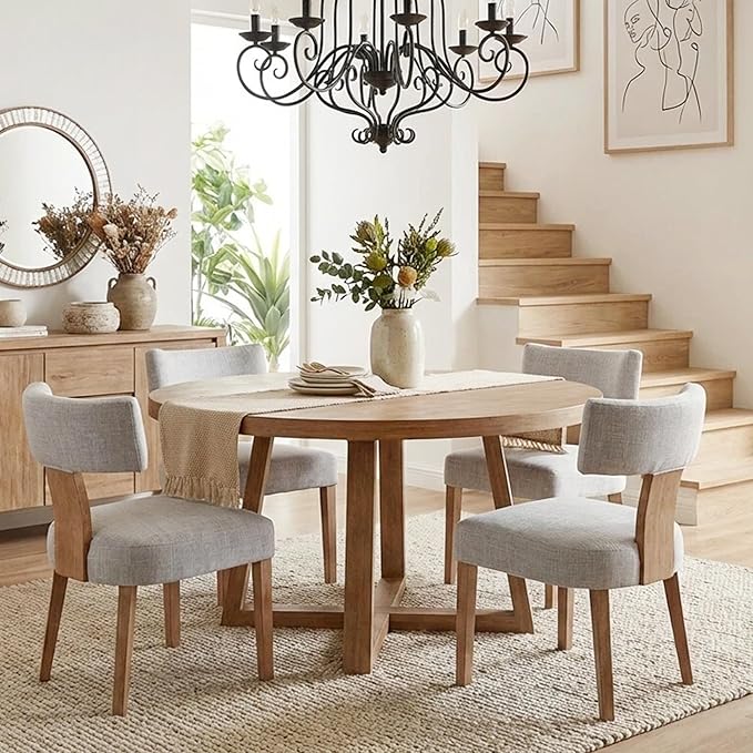 HNY Set of 4 Mid Century Modern Dining Chairs, Farmhouse Linen Fabric Upholst...