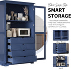 JIJIWANG Kitchen Pantry Cabinet,Coffee Bar Storage with Glass Doors and 4 Built-in Drawers,Food Pantry for Kitchen,Dining Room,Living Room and Garage,Home Office,Blue