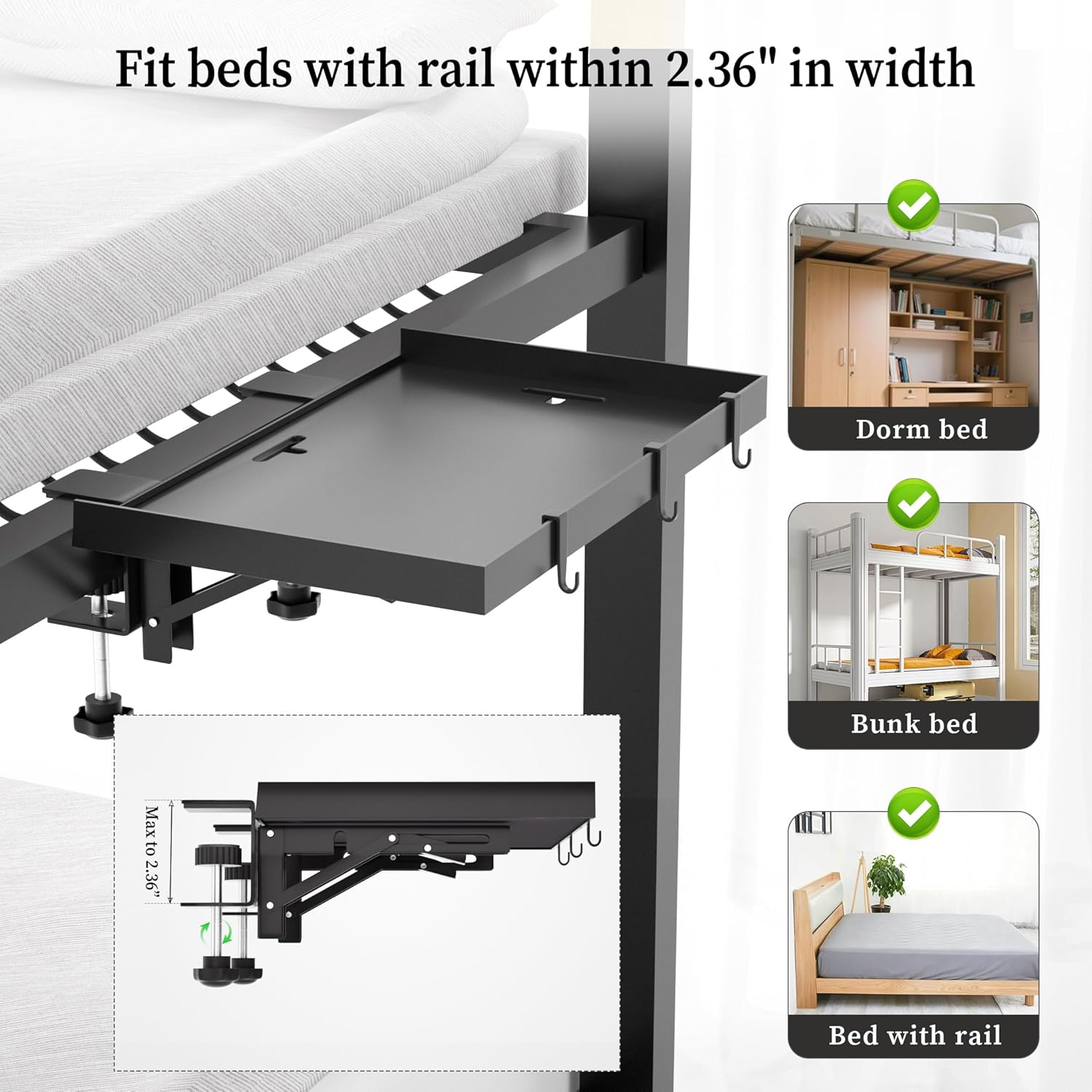Foldable Bedside Shelf, Metal Clip-On Bed Tray Table for Bunk Bed & Dorm Beds, Dorm Room Essentials Organizer for College Students, Floating Tray, Space Saving Nightstand for Loft Beds (Black, Large)