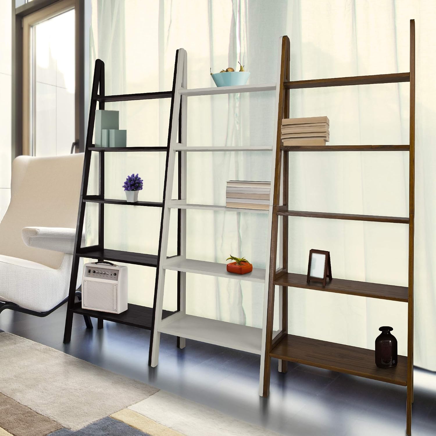 Casual Home 100% Solid Wood 5-Shelf Ladder Bookcase, Standard, 72"H, White