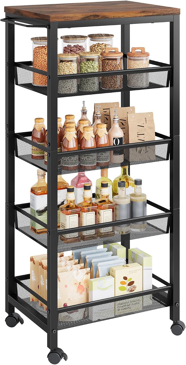 Hoctieon Rolling Storage Cart, 5-Tier 11.8" Wide Panel Kitchen Storage Cart, Utility Carts with Handle & Wheels, Mobile Shelving Unit, Metal Frame Narrow Carts for Home Kitchen, Laundry, Rustic Brown