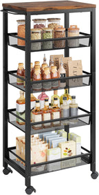 Hoctieon Rolling Storage Cart, 5-Tier 11.8" Wide Panel Kitchen Storage Cart, Utility Carts with Handle & Wheels, Mobile Shelving Unit, Metal Frame Narrow Carts for Home Kitchen, Laundry, Rustic Brown