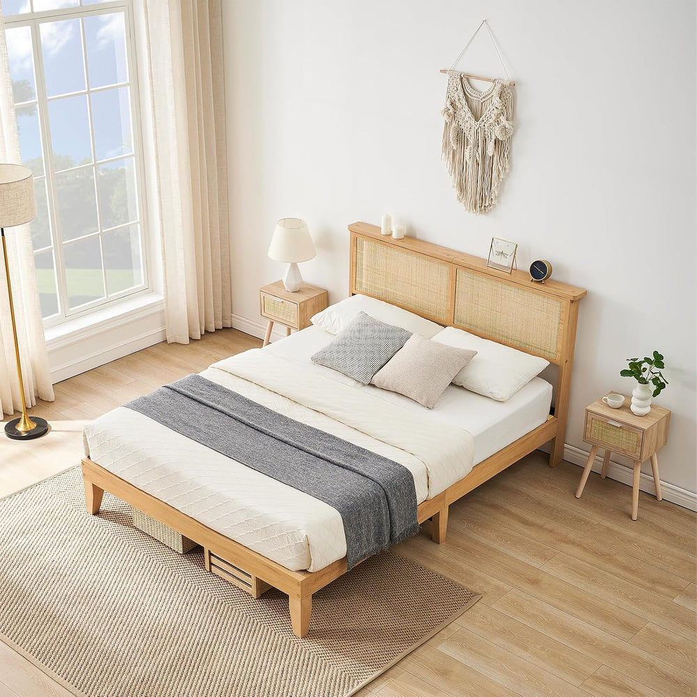 IDEALHOUSE Queen Size Rattan LED Platform Bed, Natural