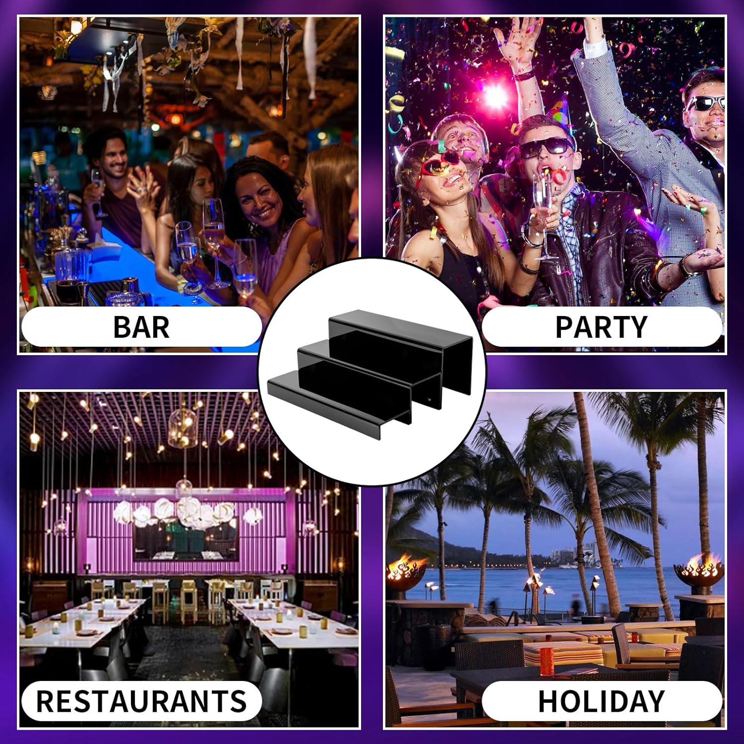 3 Tiers Bar Shelves for Liquor Bottles, 15" Black Acrylic Risers Display Racks Stands for Figures Pops Cupcake Perfume Collections (Patent: D1076520S)