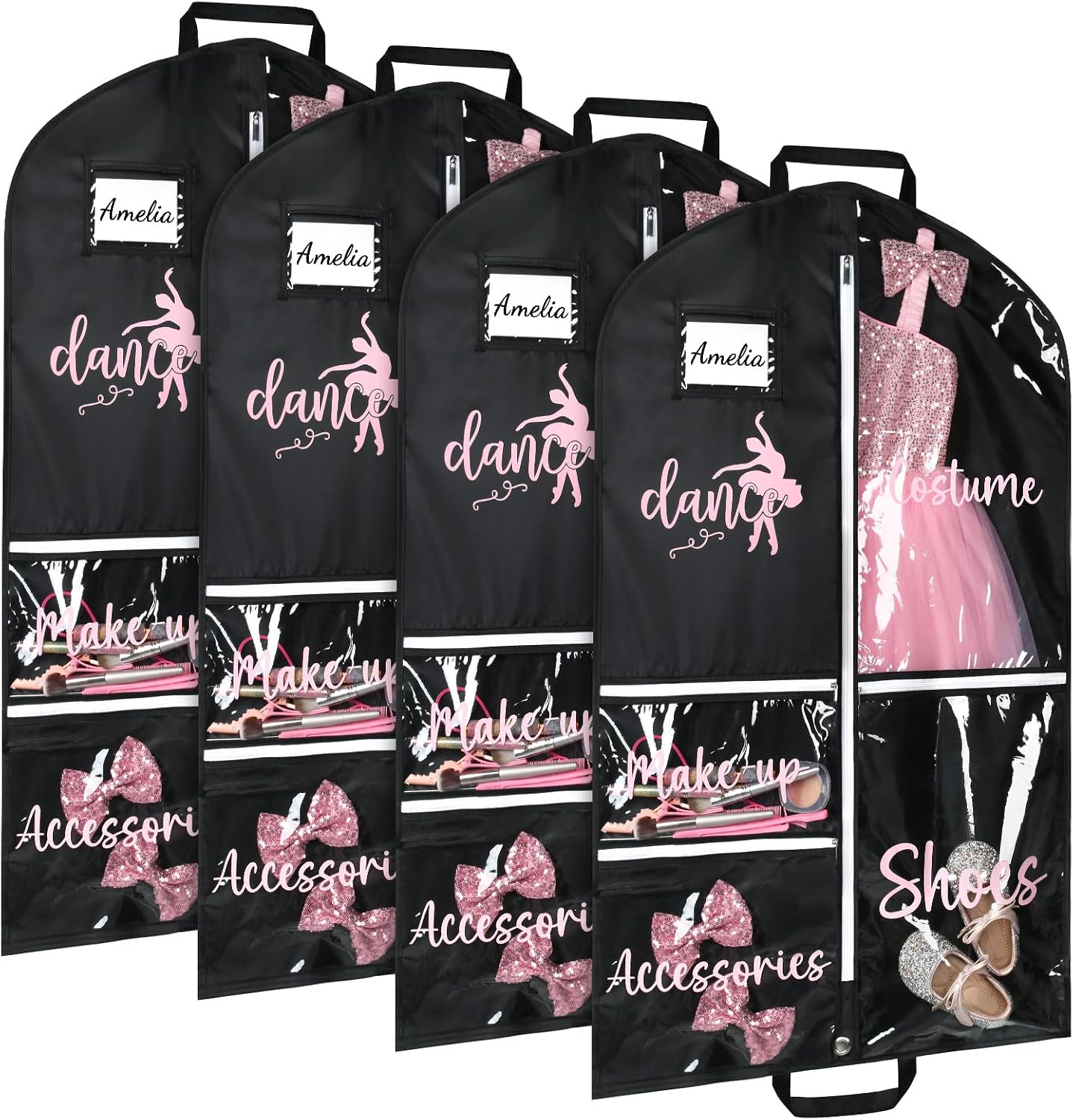 DEEKA 4 Pack Dance Garment Bag for Hanging Clothes with Zipper Pockets Dance Accessories Essentials Uniform Costume 40 Inch Dress Bags for Dance Competition Girls (Black,Pink)