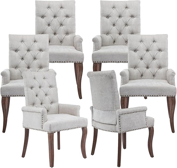 Upholstered Tufted Chenille Dining Chairs with Arms & Nailhead Trim – Solid Wood Frame & Legs, Modern Farmhouse for Dining, Kitchen & Living Room (Set of 6, Beige)