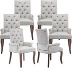 Upholstered Tufted Chenille Dining Chairs with Arms & Nailhead Trim – Solid Wood Frame & Legs, Modern Farmhouse for Dining, Kitchen & Living Room (Set of 6, Beige)