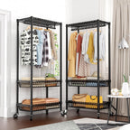 Heavy Duty Clothes Rack Rolling Garment Rack,Adjustable Wire Shelving Clothing Racks for Hanging Clothes with Hanger&Double Basket,Freestanding Metal Wardrobe Storage Portable Closet