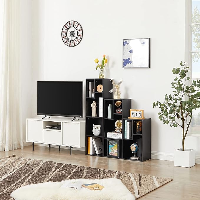 VECELO 4-Tier Slim Bookcase, Modern Storage Cabinet, Slim Bookshelf, Fits Tallest Hardcover, 5 Cubes, Vertical or Horizontal, Easy Assembly, Black