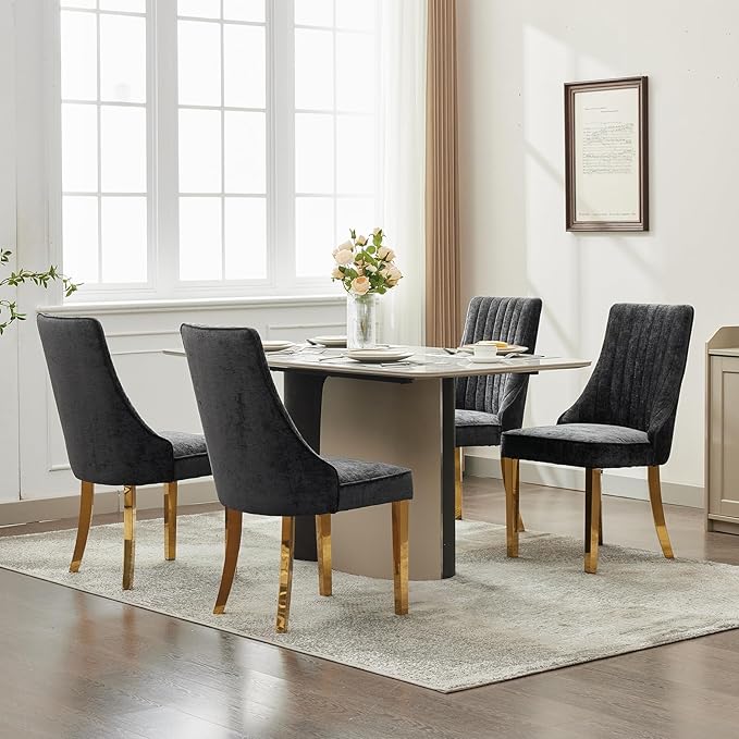 Black Mid Century Dining Chairs Set of 2, Modern Kitchen & Dining Room Chairs Set of 2, Chenille Fabric Upholstered Kitchen Chairs, Sillas de Comedor, Gold Legs (Black, 2 Pcs)