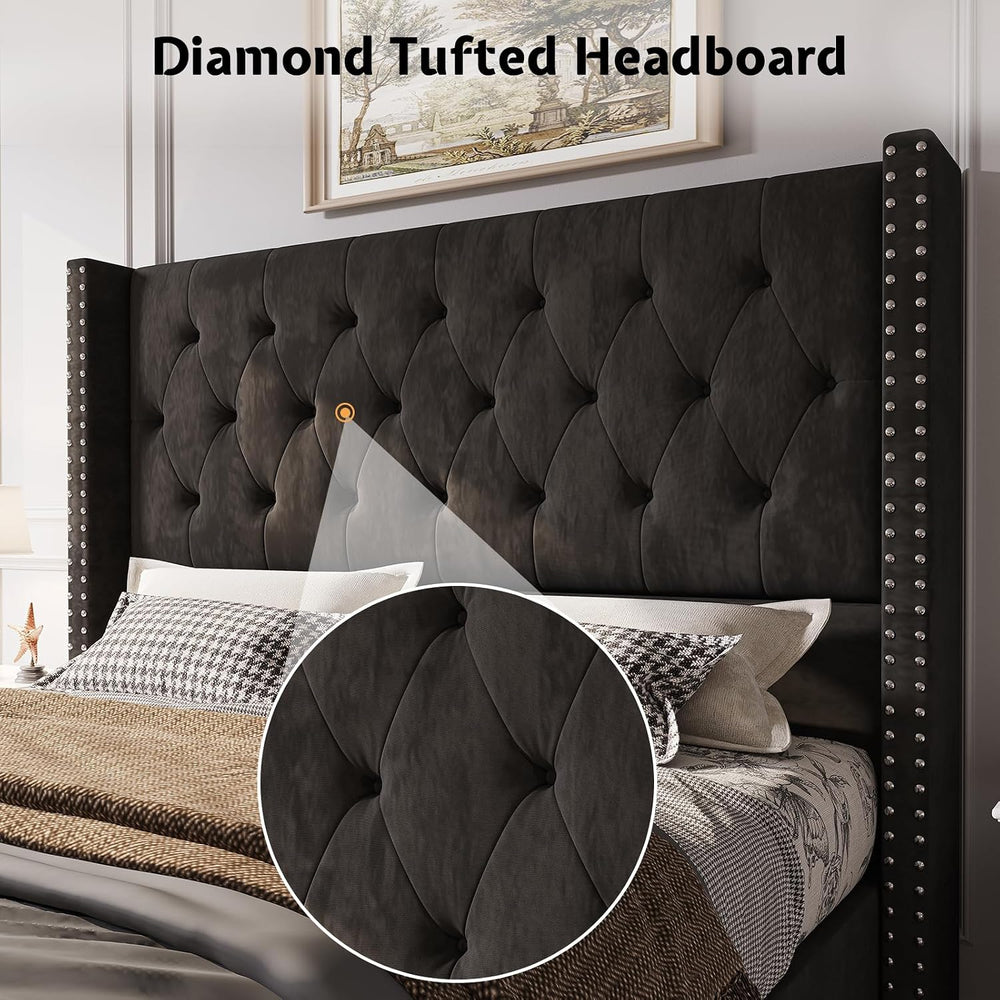 PaPaJet Queen Velvet Bed Frame with 49.2" Tall Wingback Headboard, Black