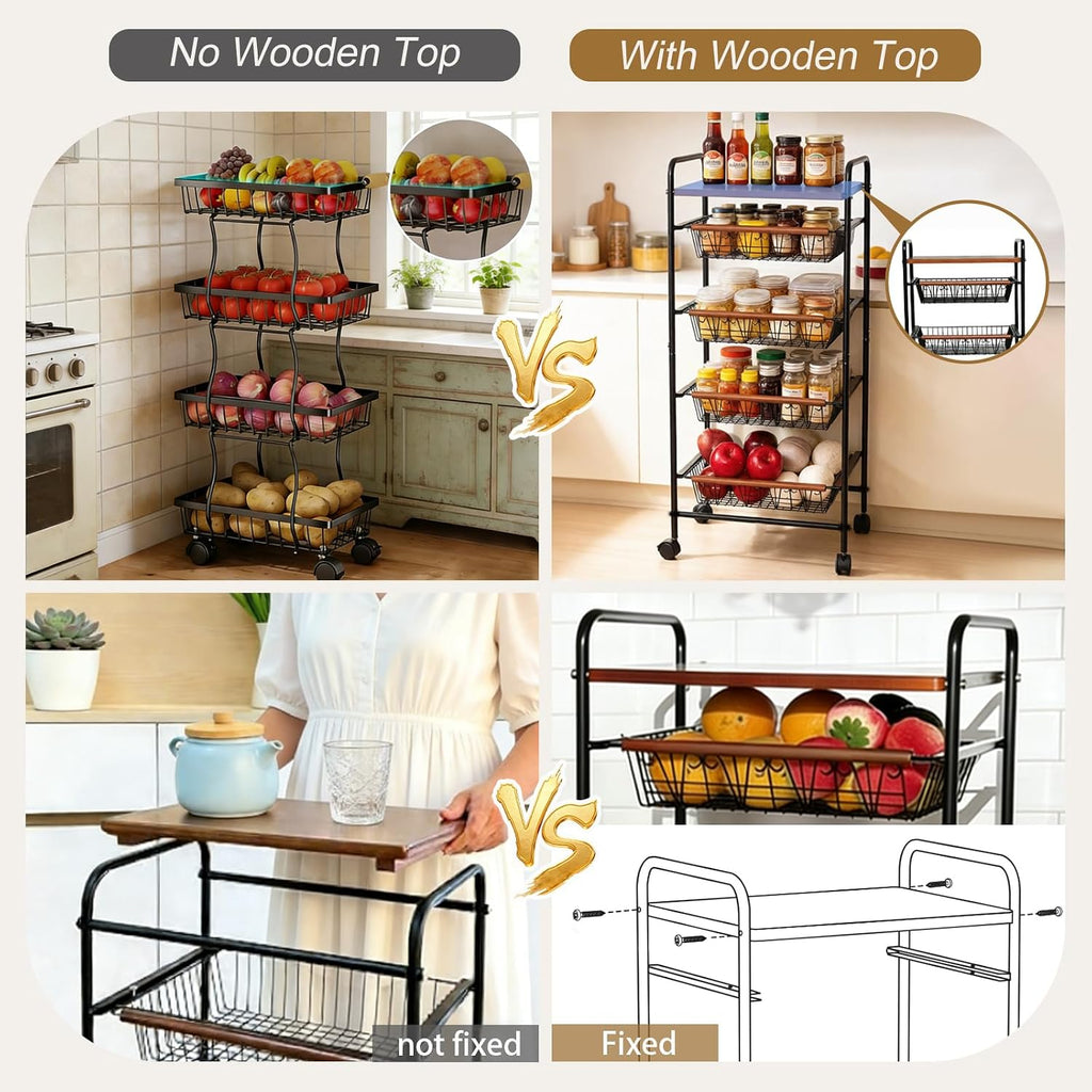 SWEETBLOOM Fruit Vegetable Storage Cart for Kitchen, 5-Tier Vegetable Stand Rack with Pull-Out Fruit Baskets, Rolling Snack Cart with Wood Top for Pantry, Living Room, Bathroom