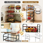 SWEETBLOOM Fruit Vegetable Storage Cart for Kitchen, 5-Tier Vegetable Stand Rack with Pull-Out Fruit Baskets, Rolling Snack Cart with Wood Top for Pantry, Living Room, Bathroom