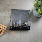 DailyWatch | Personalized Watch Roll Travel Case For 2 Watches - Handmade Genuine Leather Travel Case With Custom Engraving of Name or Initials - Black Grey