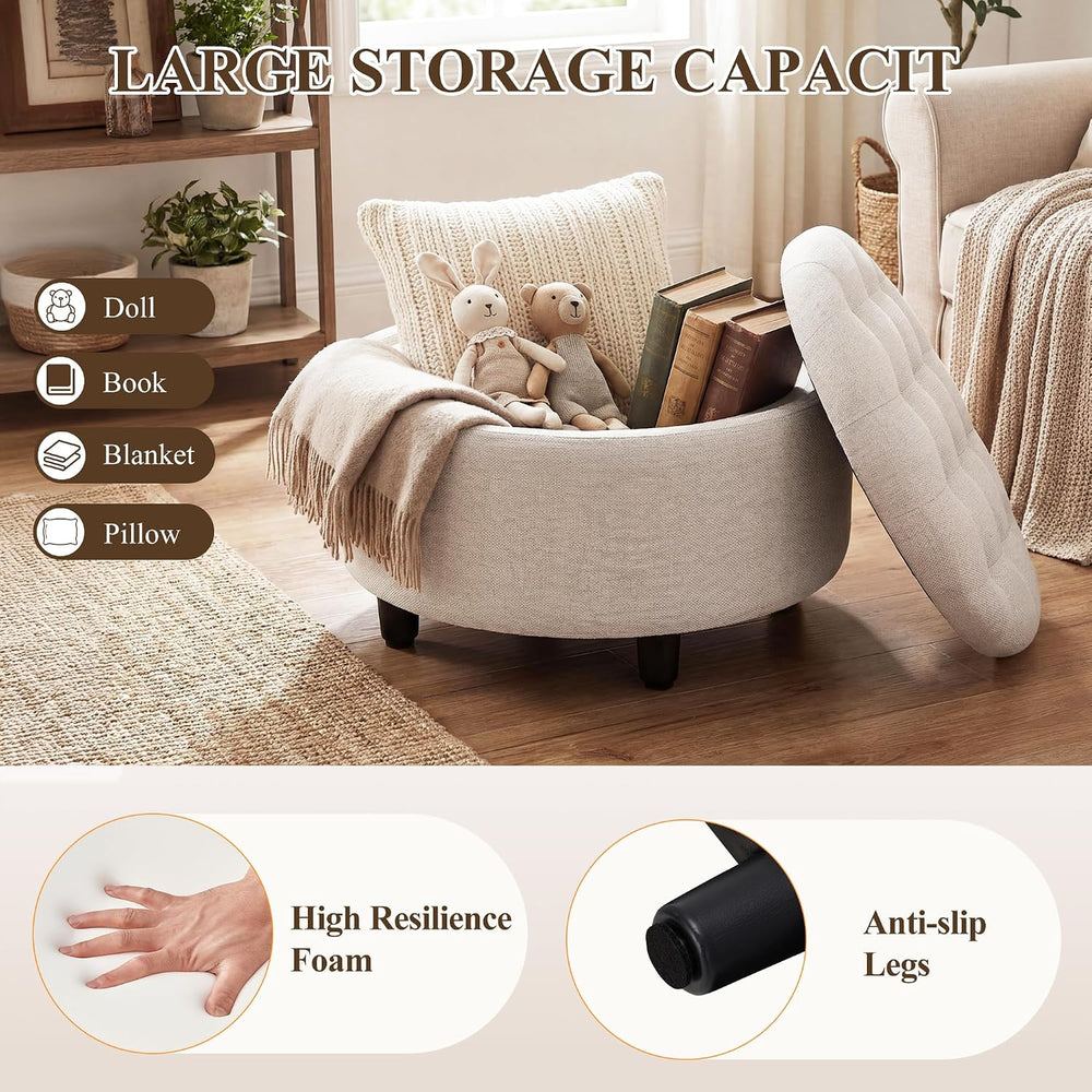 COLAMY Fabric Round Storage Ottoman with Reversible Tray Lid – Multi-Function...