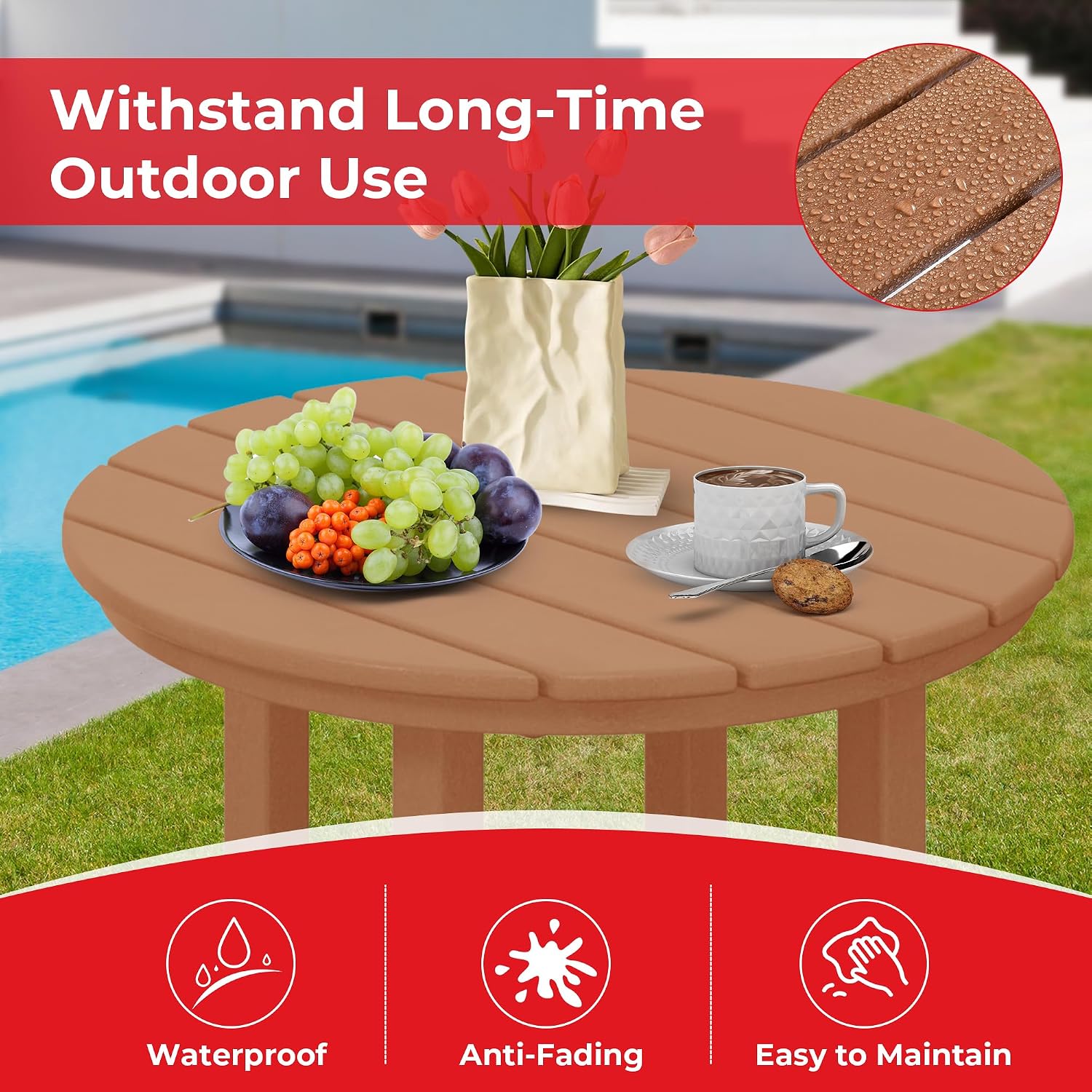 Costaelm Outdoor Bar Table, 37" Counter Height Round Patio Cocktail Bar Table, Patio Bar Table Bistro Dining Table Pub Table for Front Porch Deck, Backyard, Garden, Teak