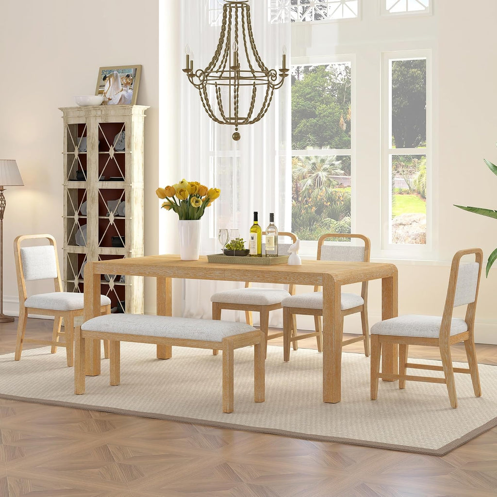 LUMISOL 6-Piece Solid Wood Dining Table Set, Extendable Kitchen Table Set for 4-6 with 4 Upholstered Chairs and 1 Bench for Kitchen, Dining Room, Living Room, Natural