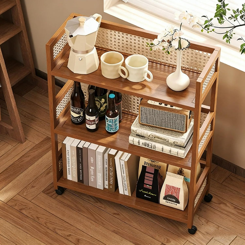 2-Tier Rolling Cart,Open Rattan Bookcase and Bookshelf,Mobile Bookshelf with ...