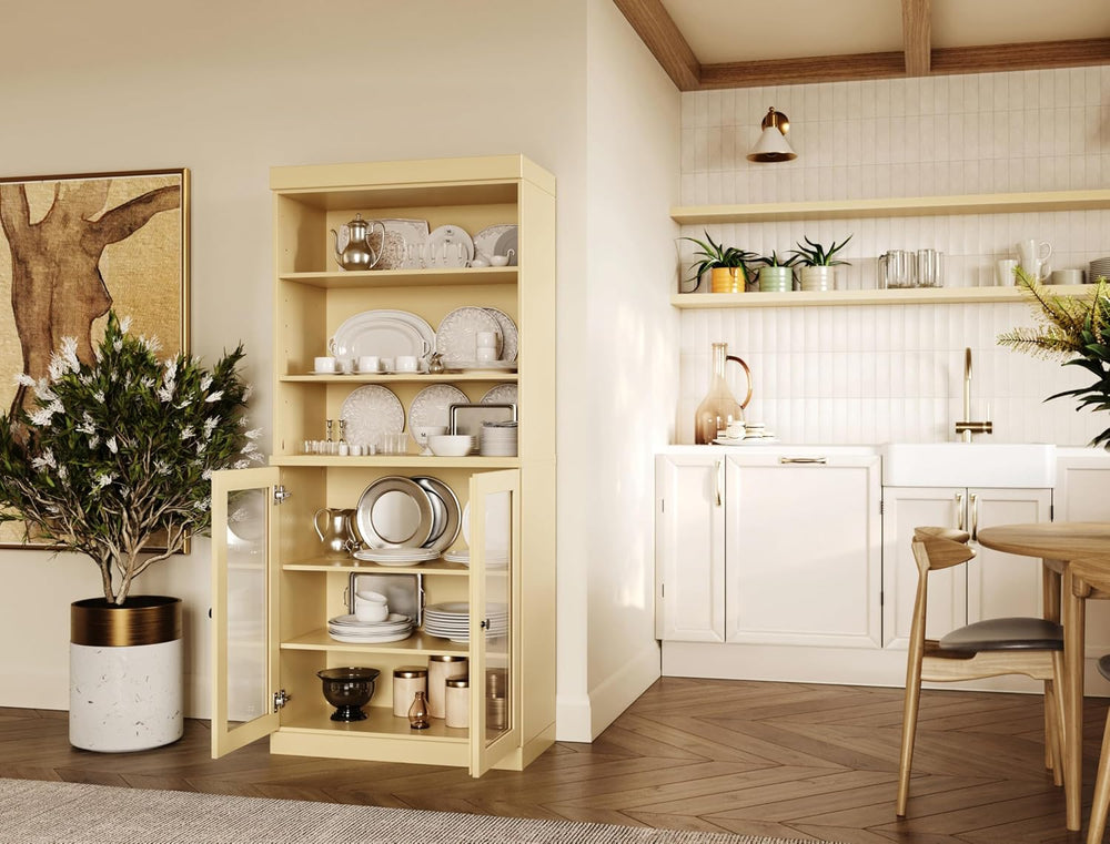 Palace Imports 100% Solid Wood Kitchen Pantry w/ 2 Glass Doors, Yellow, 32&qu...