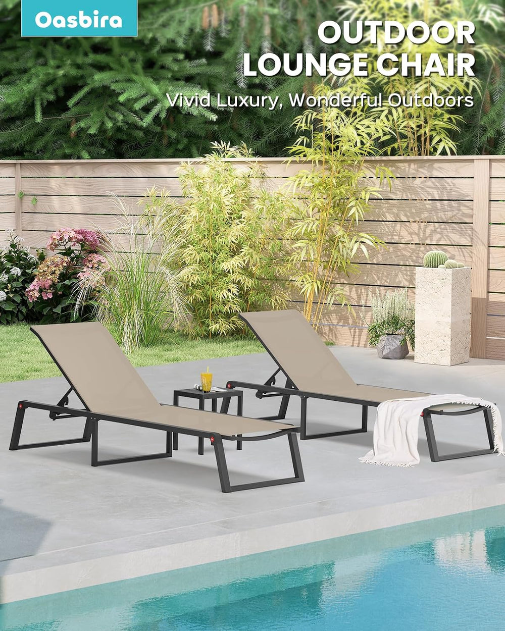 Aluminum Chaise Lounge Chair Outdoor, Foldable Patio Pool Lounge Chairs 5-Pos...
