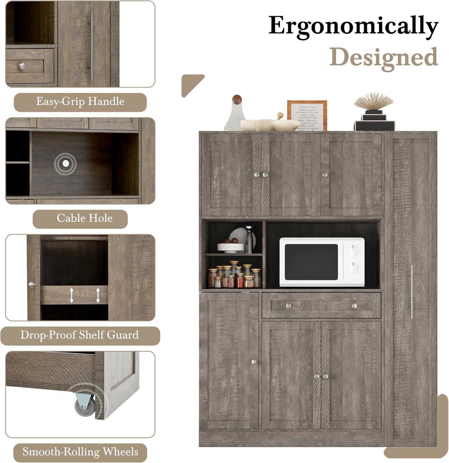 Virubi 70" Large Kitchen Pantry Storage Cabinet with Doors and Shelves, Wood Farmhouse Tall Buffet Cabinet with Hutch and Drawers, Large Cupboard with Pull-Out Side Cabinet, Freestanding (Brown)