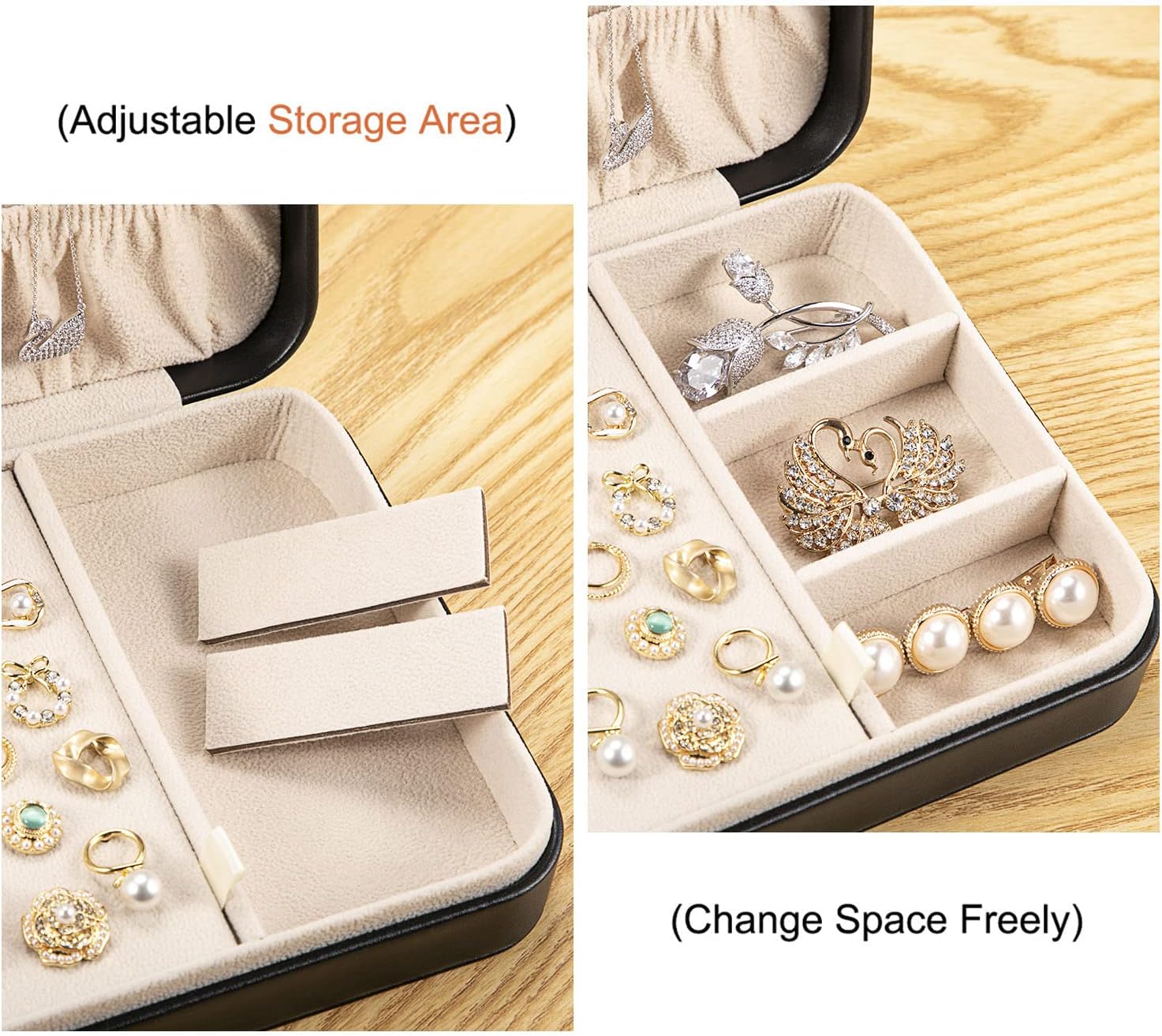 LANDICI Small Jewelry Box for Women Girls, PU Leather Travel Jewelry Case, Portable Jewelry Organizer Storage Holder Display for Ring Earrings Necklace Bracelet Bangle Men Kids Gift, Black
