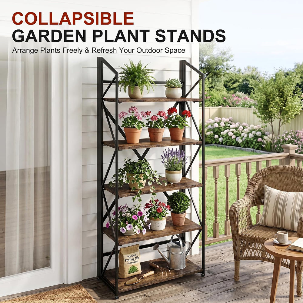 5 Tier Folding Bookshelf, No Assembly Foldable Storage Shelves, Brown