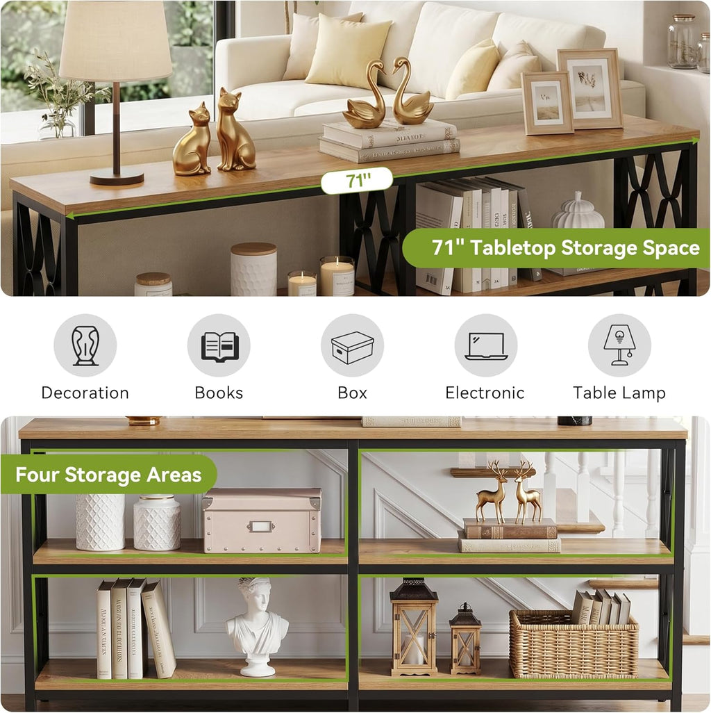 LITTLE TREE Console Table with Storage Shelves, 70.9" Industrial 3-Tier Sofa Table for Living Room, Long Foyer Table Entryway Table for Hallway, Front Door, Entrance, Natural Light Oak & Black