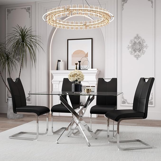 5 Piece Dining Table Table Set, Modern Tempered Glass Dining Table Set for 4 Kitchen Table Set with 4 Upholstered Chairs for Kitchen Dining Room (Sliver Table with Black Hoop Leg Chairs)
