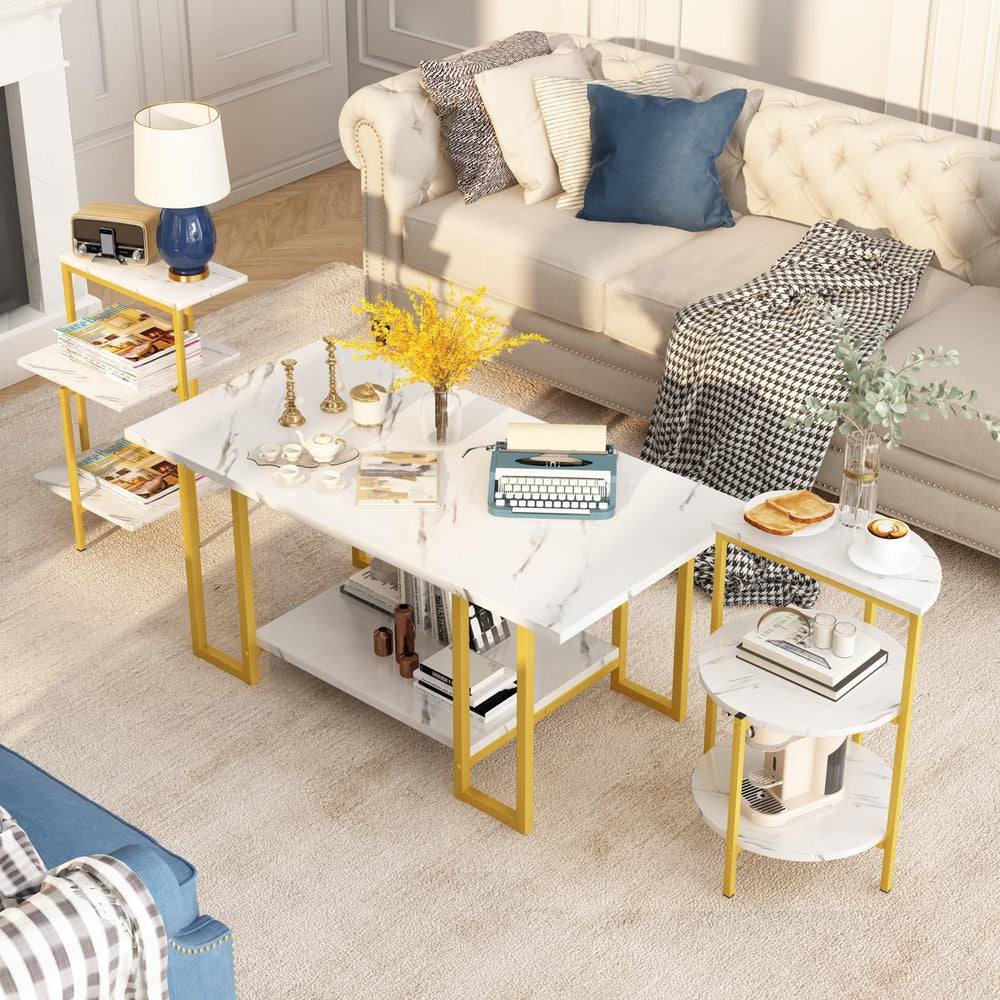Lamerge Coffee Table Set of 3,Rectangle Coffee Table&2 Accent Table,Faux ...