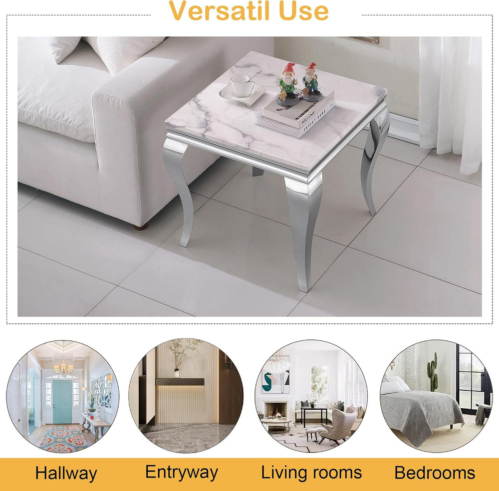 Marble End Table, Modern White Faux Marble Sofa Side Table with Silver Stainl...