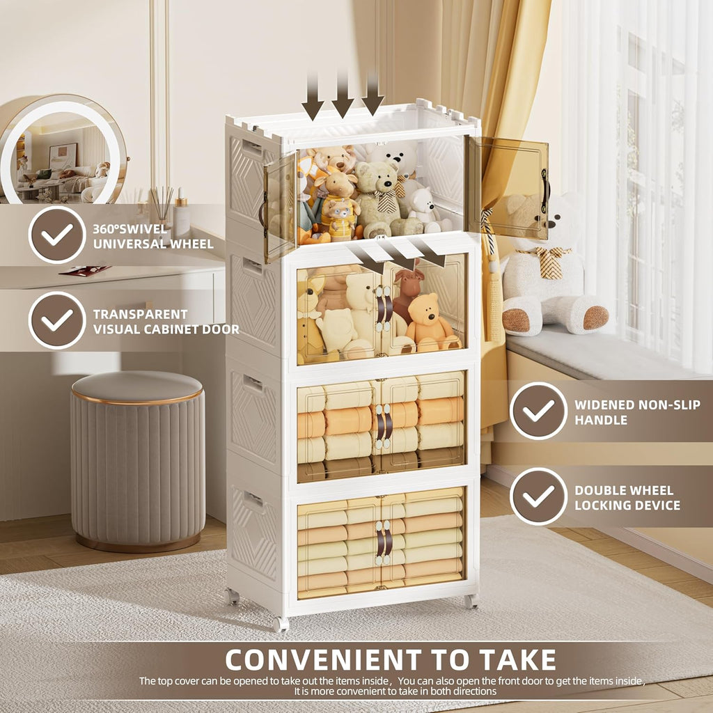 268 QT / 67 Gal Extra Wide Foldable Plastic Cabinet with Double Magnetic Doors & Leather Handles - Stackable, 4 Locking Wheels, Space Saving Storage for Small Spaces