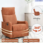 Anwick 360° Swivel Rocker Recliner Chair with Heat and Massage, Manual Upholstered Recliner for Small Spaces, Fabric Glider Nursery Chair with Side Pockets for Living Room (Orange)