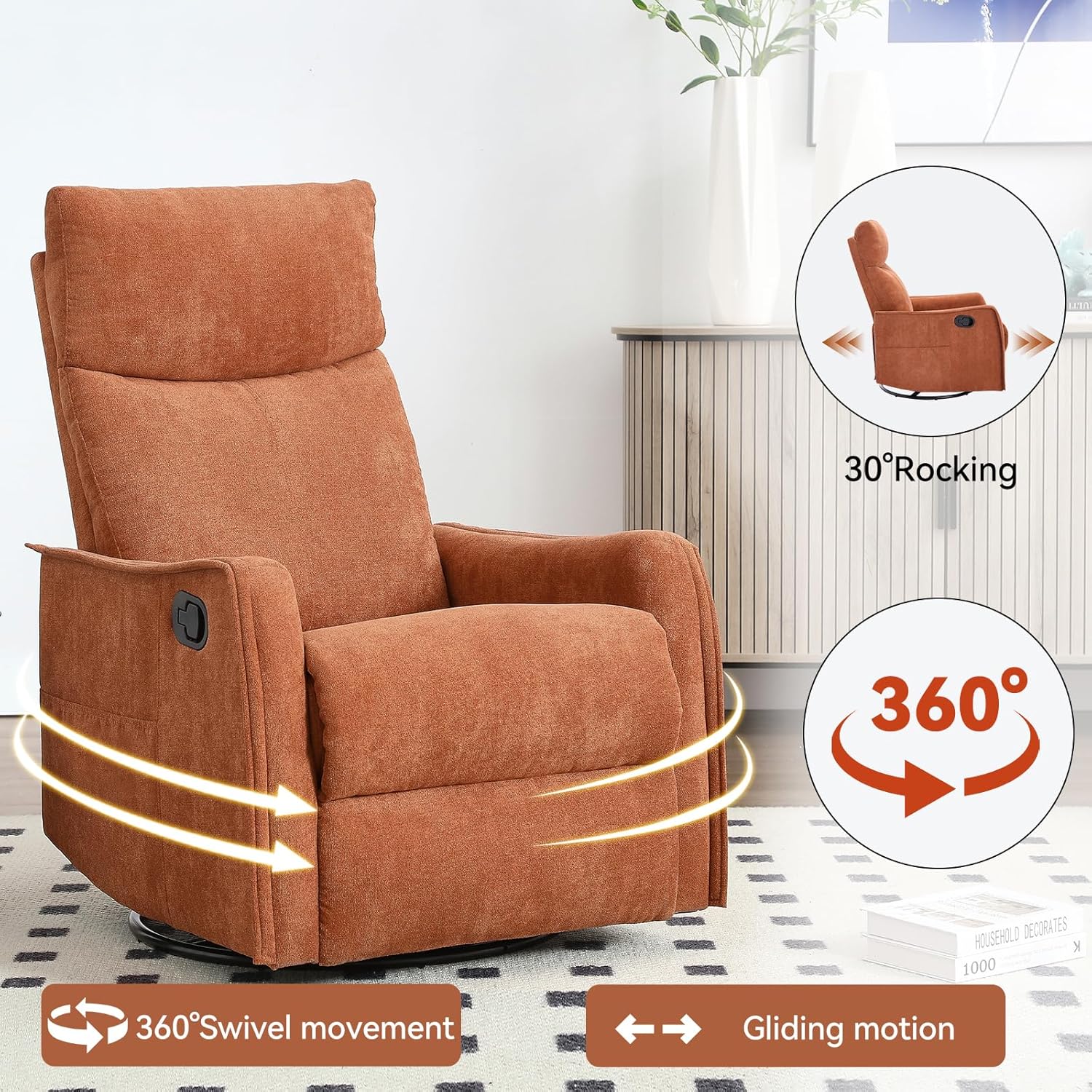 Anwick 360° Swivel Rocker Recliner Chair with Heat and Massage, Manual Upholstered Recliner for Small Spaces, Fabric Glider Nursery Chair with Side Pockets for Living Room (Orange)
