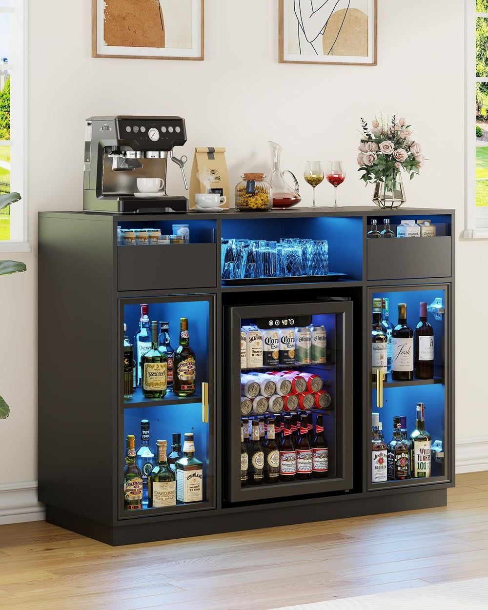 47" Large Coffee Bar Cabinet with Mini Fridge Space & LED Lights