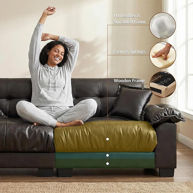 Faux Leather Sofa, Mid Century Modern Leather Upholstered Deep Loveseats, Comfy Cloud Couch, Tufted Pillow Top Arm Furniture for Living Room, Apartment, Chocolate