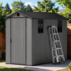Greesum 4x8FT Plastic Outdoor Storage Shed with Floor, Resin Storaged Sheds with Lockable Door, Window & Vent, All-Weather Tool Sheds for Garden, Backyard, Patio, Dark Gray (One-Piece Panel)