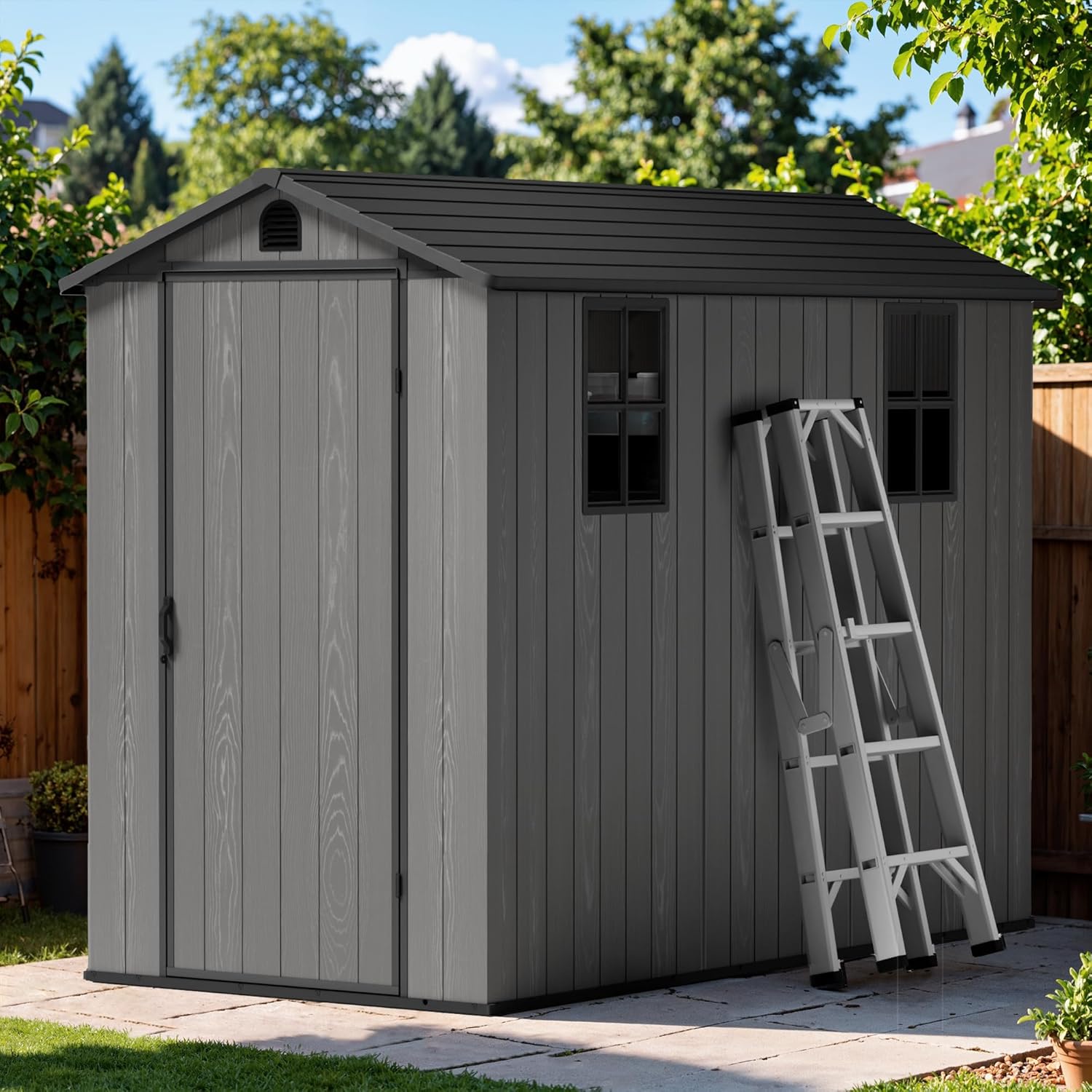 Greesum 4x8FT Plastic Outdoor Storage Shed with Floor, Resin Storaged Sheds with Lockable Door, Window & Vent, All-Weather Tool Sheds for Garden, Backyard, Patio, Dark Gray (One-Piece Panel)