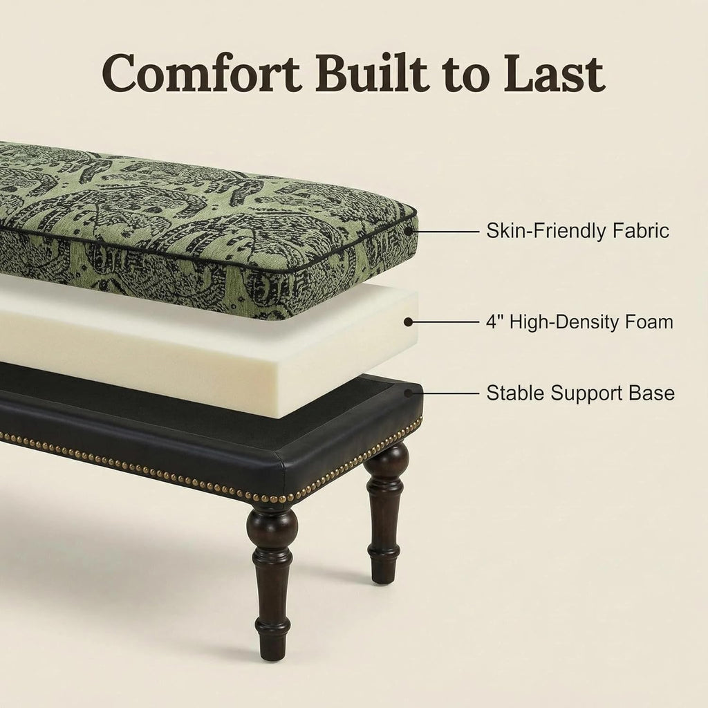 Forteek 47" Upholstered Bed End Bench for Bedroom, Vintage Bed Bench | Vintage Solid Wood Bench with Detachable Washable Cover, Pattern Cushion Nailhead Trim Decorative Bedroom Stool for Storage