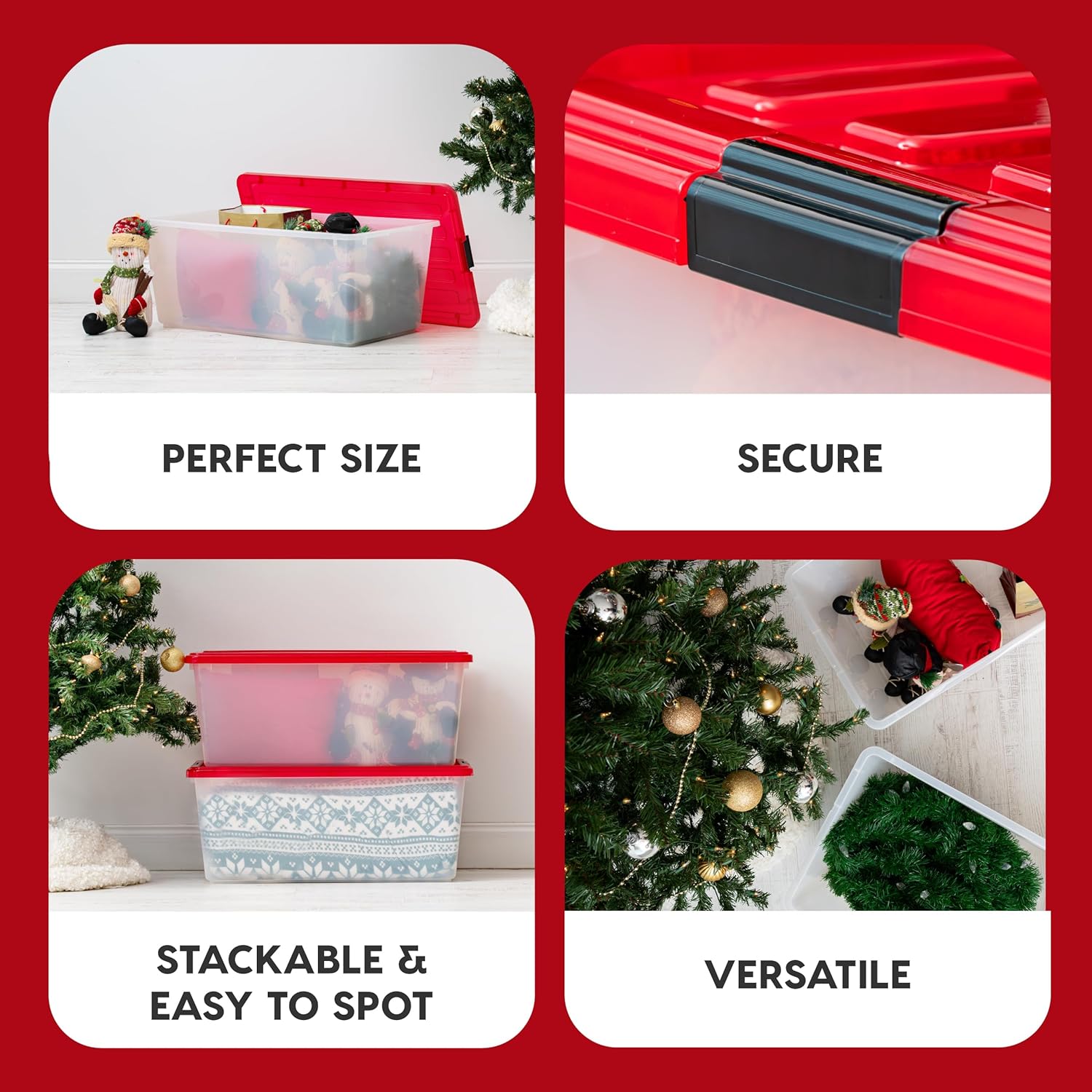 IRIS USA 91 Qt. Stackable Plastic Storage Bins with Lids, 4 Pack - BPA-Free, See-Through Organizing Solution, Latches, Durable Nestable Containers, Secure Pull Handle, Made in USA - Red