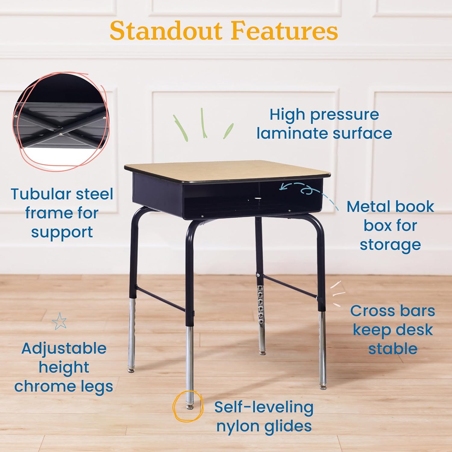 ECR4Kids Open Front Desk with Metal Storage Book Box, Adjustable, Classroom Furniture, Maple/Black