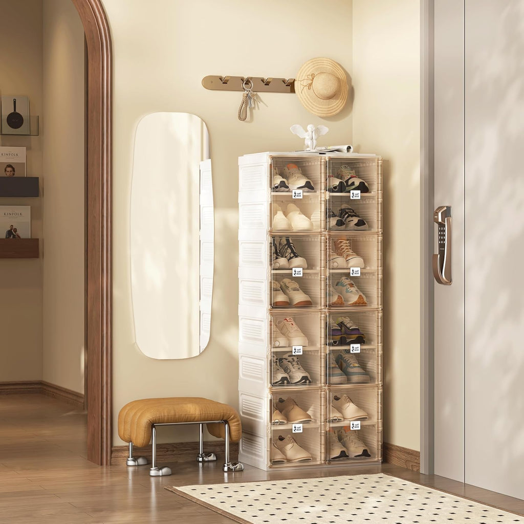 ANTBOX Shoe Organizer Storage Box, Portable Folding Shoe Rack For Closet With Magnetic Clear Door,Large Sneaker Cabinet Bins Sturdy Easy Assembly 8 Layers-16 Grids