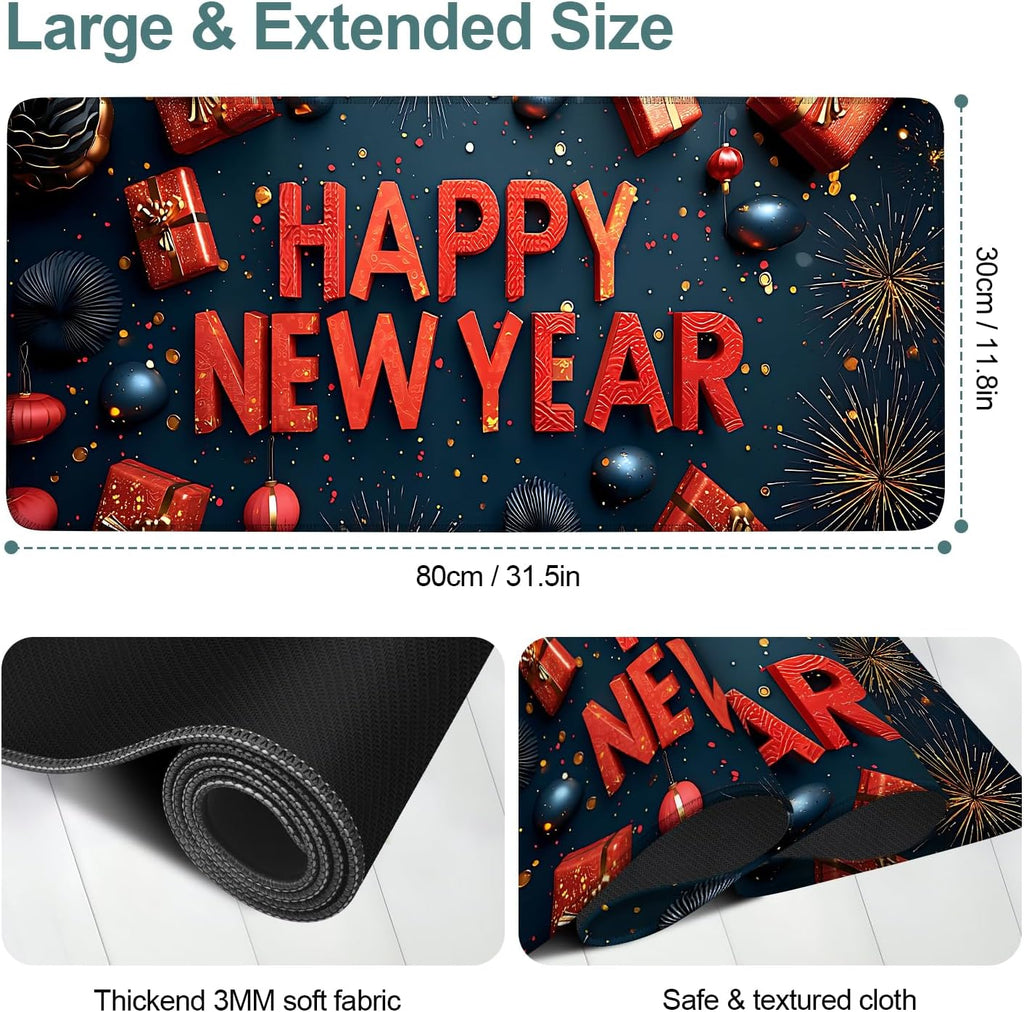 Happy New Year Gaming Mouse Pad 31.5"x11.8"Desk Mat Anti-Slip Rubber Base & Durable Stitched Edges for Gamers Smooth Mouse Writing Surface for Desk Office/Home