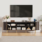 DHH 70.8 Inch Mid Century Modern TV Stand with Power Outlet for TVs up to 80 Inch, Entertainment Center with Storage and Adjustable Shelves, Media Console with Sliding Doors for Living Room(Brown)