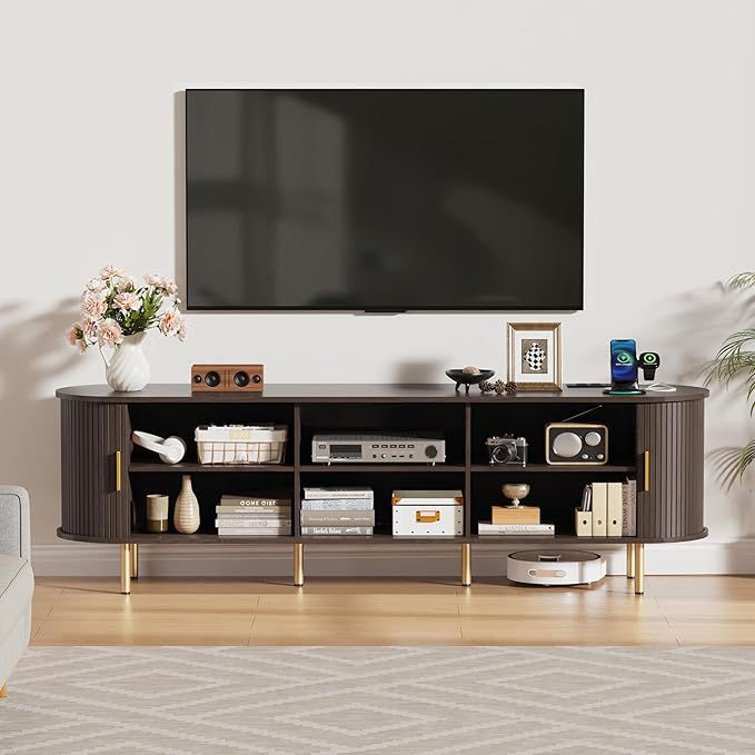 DHH 70.8 Inch Mid Century Modern TV Stand with Power Outlet for TVs up to 80 Inch, Entertainment Center with Storage and Adjustable Shelves, Media Console with Sliding Doors for Living Room(Brown)